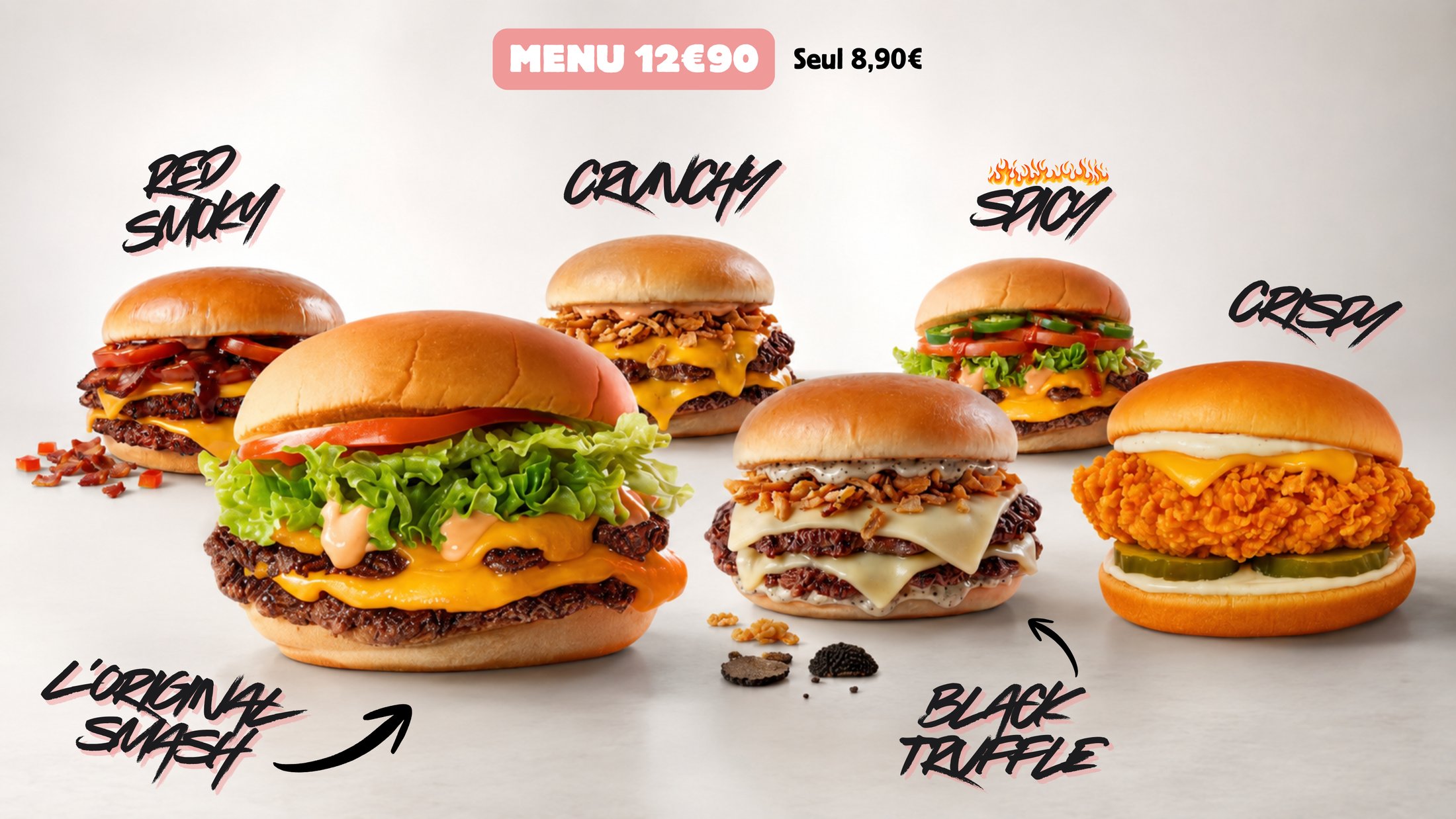 Les six burgers Smash Eats : l'Original Smash, Red Smoky, Crunchy, Spicy, Black Truffle et Crispy